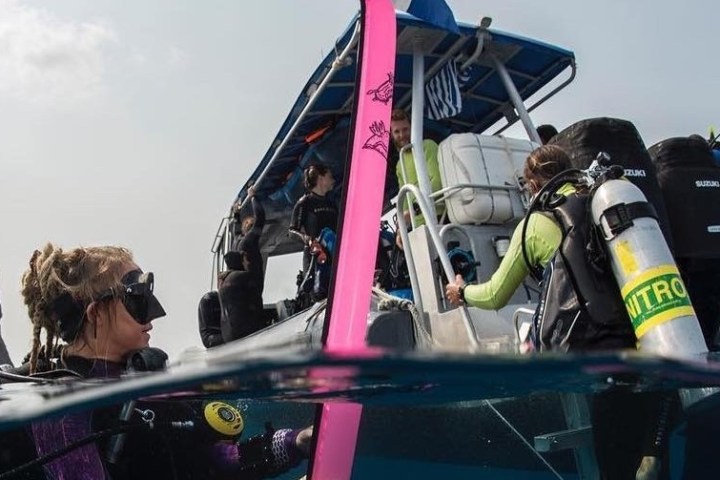 Divers preparing to dive from a boat, with diving gear and pink fins, in a sea setting.