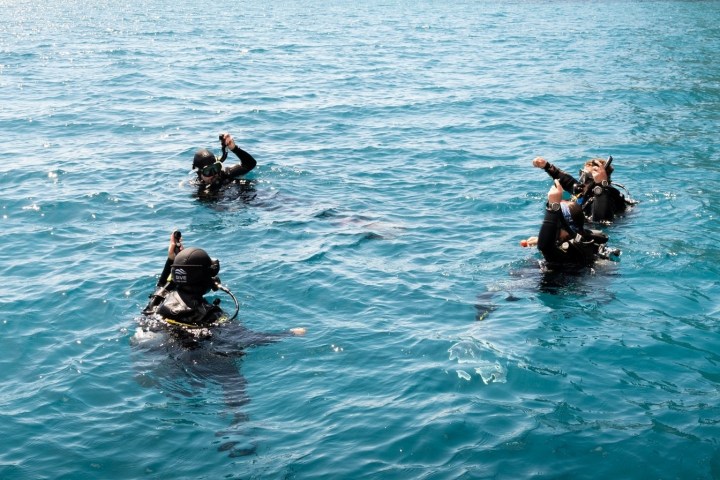 Three scuba divers in the ocean raising their arms above water.