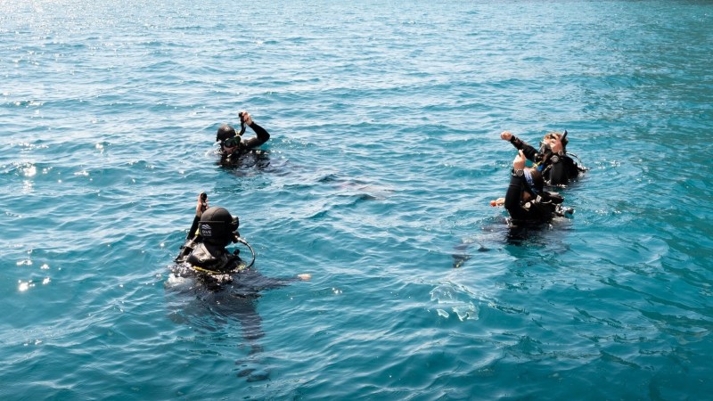 Three scuba divers in the ocean raising their arms above water.