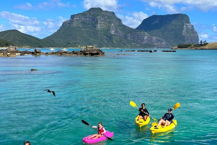 Three people kayaking in turquoise water with mountains in the background and a bird flying overhead.